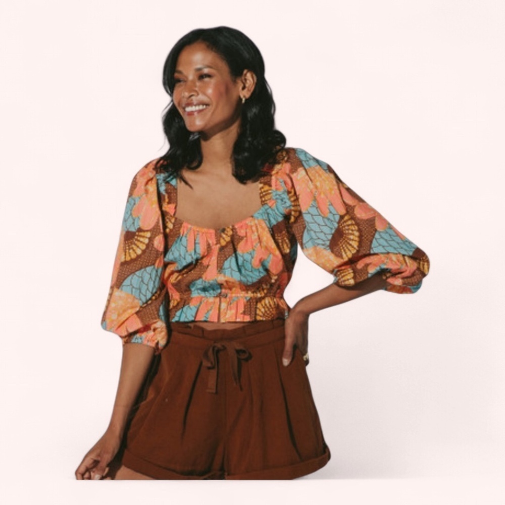 Cleobella Rivera Resort Cotton Puff Sleeve Vibrant Tropical Crop Top NWT Size S